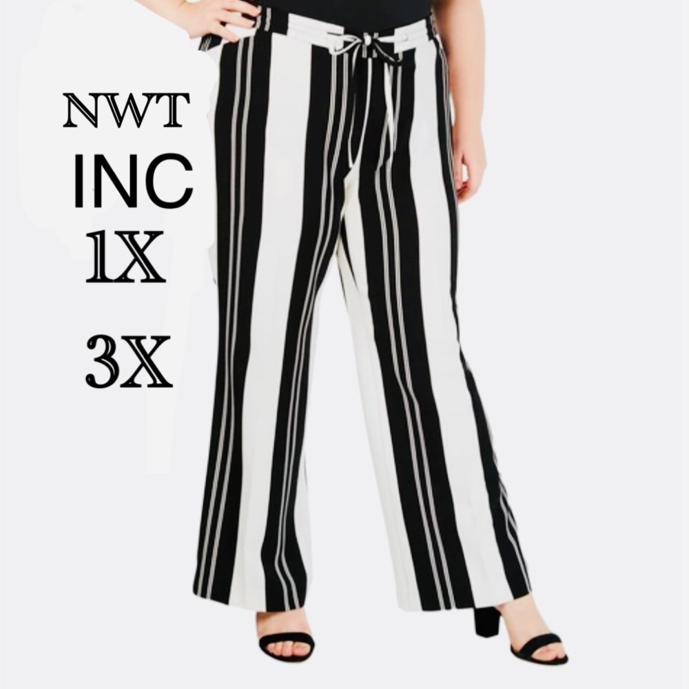 NWT black white stripe dress pants wide leg mid rise ivory white classic INC